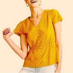 NWOT J Crew Eyelet Button Front Short Sleeves Peplum Yellow Top Size 3X